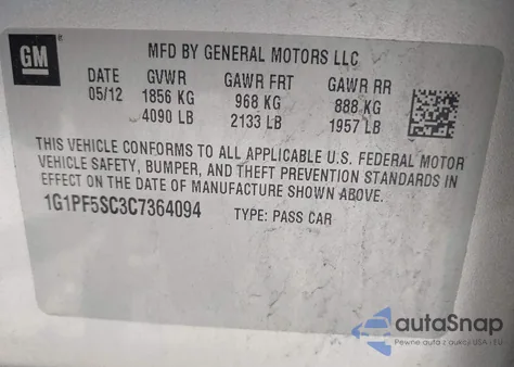 2012 Chevrolet Cruze 1Lt from USA, damaged, VIN 1G1PF5SC3C7364094